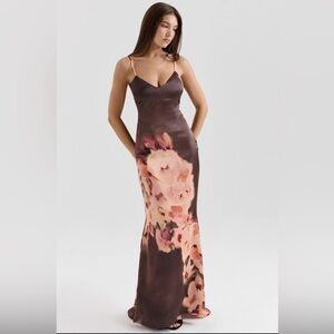 House of CB Mariamma Dark Brown Floral Printed Satin Maxi Dress